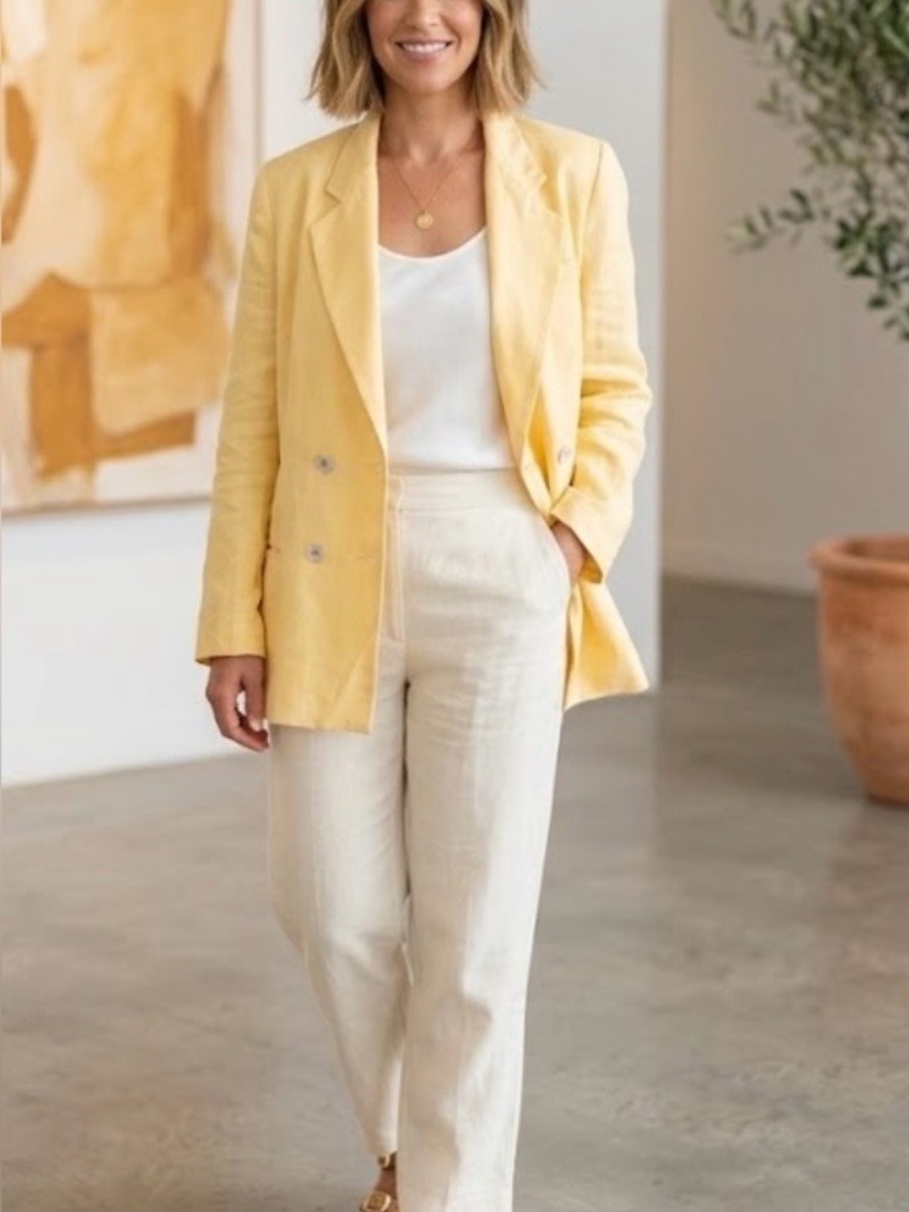 Yellow Double-Breasted Linen Blazer - Women 100% linen
